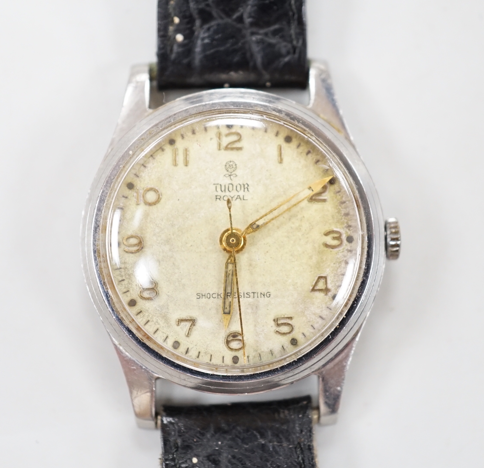 A gentleman's stainless steel Tudor Royal manual wind wrist watch, on associated leather strap, case diameter 31mm, with Tudor box